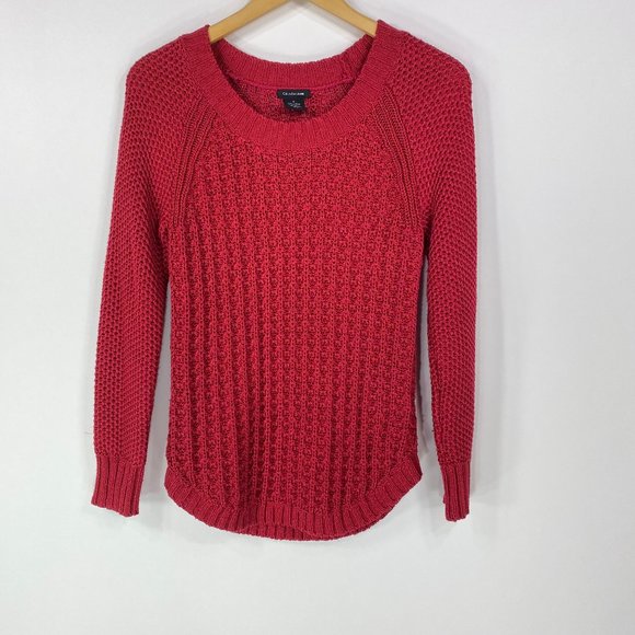 Calvin Klein Jeans M Medium Sweater Pullover Cranberry Red Open Knit Round Hem - Picture 2 of 7